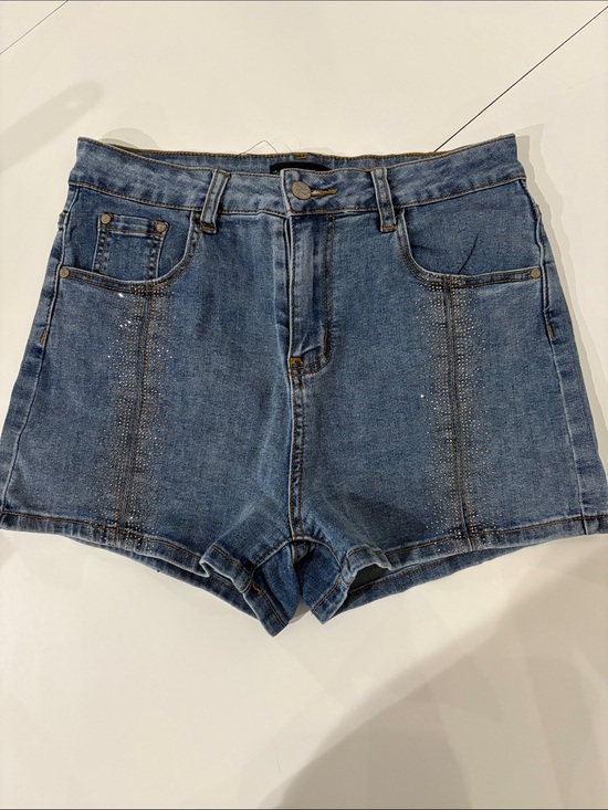 Sterling Kreek Pants - Sterling Kreek High-Rise Blue Denim Jean Shorts with Subtle Rhinestone Detail